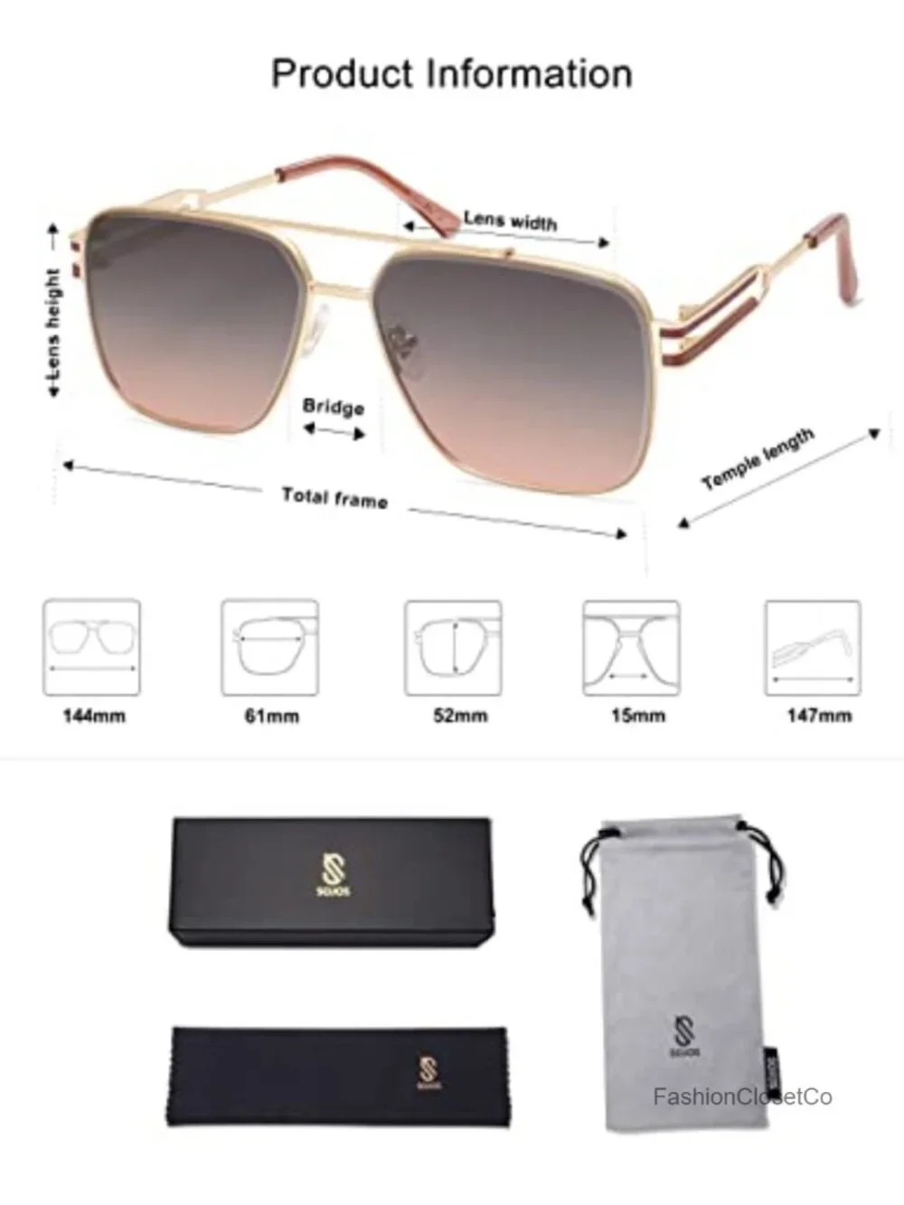 Retro Oversized Square Sunglasses Double Bridge Metal Frame UV400 Protection